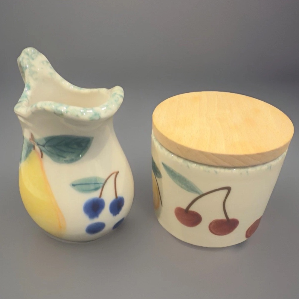 2pc Hartstone Pottery Fruit Salad Creamer and Sugar Jar Hand Painted Set of 2 - Picture 2 of 5